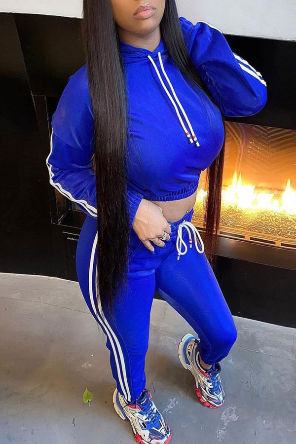 Blue Casual Solid Patchwork Hooded Collar Long Sleeve Two Pieces