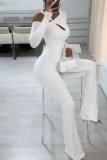 White Casual Solid Hollowed Out Oblique Collar Skinny Jumpsuits