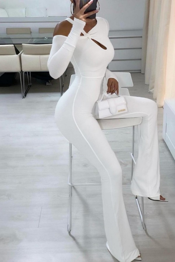 White Casual Solid Hollowed Out Oblique Collar Skinny Jumpsuits