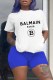 Blue Casual Print Letter O Neck Short Sleeve Two Pieces