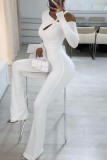 White Casual Solid Hollowed Out Oblique Collar Skinny Jumpsuits