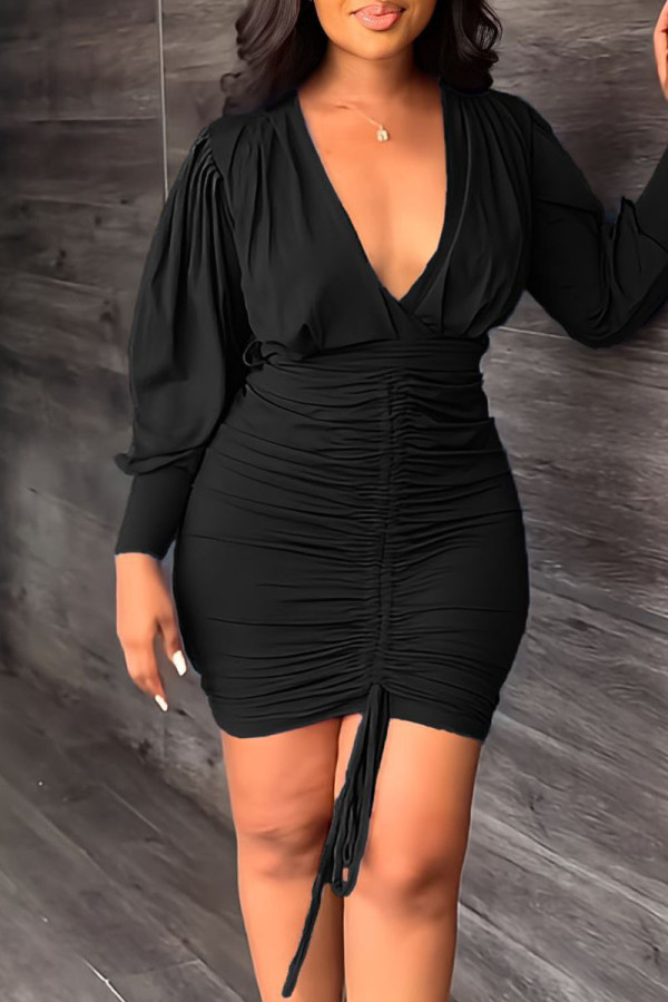 Black Casual Elegant Solid Patchwork Draw String Fold V Neck Pencil Skirt Dresses