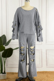 Grey Casual Street Solid Ripped Hollowed Out Patchwork Oblique Collar Long Sleeve Two Pieces