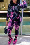 Black Casual Print Tie-dye Hooded Collar Long Sleeve Two Pieces