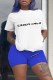 Blue Casual Print Patchwork Letter O Neck Short Sleeve Two Pieces