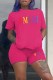 Rose Red Casual Print Letter O Neck Short Sleeve Two Pieces