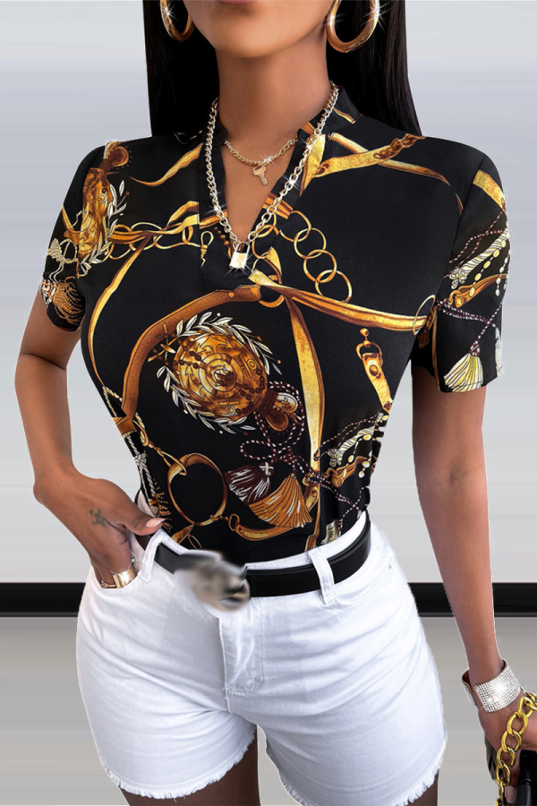 Black Gold Street Print Patchwork V Neck Tops