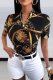 Black Gold Street Print Patchwork V Neck Tops