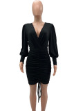 Red Casual Elegant Solid Patchwork Draw String Fold V Neck Pencil Skirt Dresses