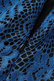 Blue Casual Patchwork Lace O Neck Long Sleeve Dresses