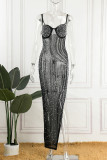 Black Sexy Solid Patchwork See-through Slit Hot Drill Spaghetti Strap Sling Dress Dresses