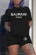 Black Casual Print Letter O Neck Short Sleeve Two Pieces