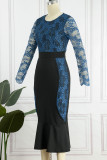 Blue Casual Patchwork Lace O Neck Long Sleeve Dresses