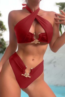 Burgundy Sexy Solid Bandage Patchwork Backless Swimwears