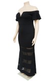 Black Sexy Formal Solid Patchwork See-through Off the Shoulder Evening Dress Plus Size Dresses