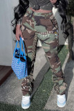 Green Casual Print Camouflage Print Patchwork High Waist Straight Patchwork Bottoms