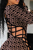 Brown Sexy Print Bandage Hollowed Out Patchwork O Neck Skinny Jumpsuits