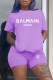 Purple Casual Print Letter O Neck Short Sleeve Two Pieces