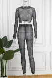 Black Sexy Print Patchwork See-through O Neck Long Sleeve Two Pieces