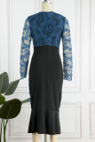 Blue Casual Patchwork Lace O Neck Long Sleeve Dresses