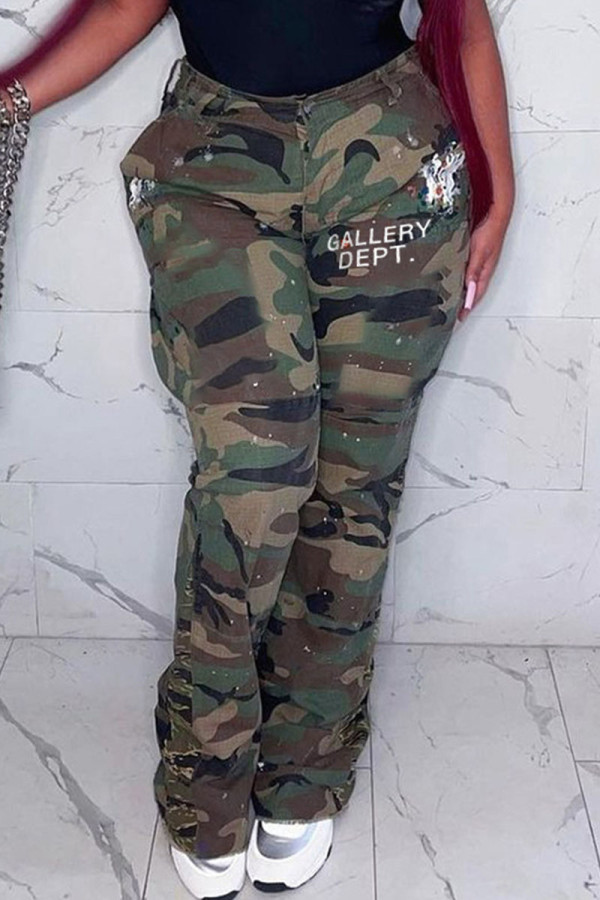 Green Casual Print Camouflage Print Patchwork High Waist Straight Patchwork Bottoms
