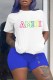 Blue Casual Print Letter O Neck Short Sleeve Two Pieces