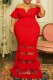 Red Sexy Formal Solid Patchwork See-through Off the Shoulder Evening Dress Plus Size Dresses