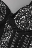 Black Sexy Solid Patchwork See-through Slit Hot Drill Spaghetti Strap Sling Dress Dresses