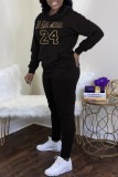 Black Casual Print Basic Hooded Collar Long Sleeve Two Pieces