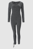 Grey Sexy Solid Bandage Hollowed Out Patchwork O Neck Skinny Jumpsuits