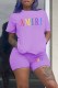 Purple Casual Print Letter O Neck Short Sleeve Two Pieces