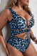 Blue Sexy Print Bandage Hollowed Out Patchwork Plus Size Swimwear