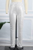 Silver Casual Patchwork Sequins Regular High Waist Pencil Patchwork Trousers