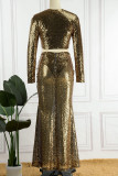 Green Sexy Solid Sequins Patchwork O Neck Long Sleeve Two Pieces