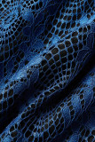 Blue Casual Patchwork Lace O Neck Long Sleeve Dresses