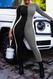 Black Casual Patchwork Contrast O Neck Skinny Jumpsuits
