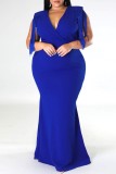 Blue Casual Solid Tassel Patchwork V Neck One Step Skirt Plus Size Dresses