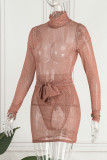 Khaki Sexy Patchwork See-through Turtleneck Long Sleeve Two Pieces