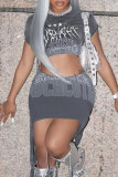 Grey Sexy Street Print Patchwork Asymmetrical O Neck Short Sleeve Two Pieces
