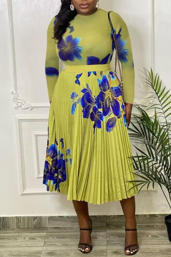 Fluorescent Yellow Sexy Print Patchwork Fold Half A Turtleneck Long Sleeve Two Pieces