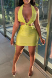 Fluorescent Yellow Fashion Sexy Solid Bandage Backless Halter Sleeveless Dress