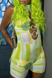 Green Sexy Print Hollowed Out Patchwork Metal Accessories Decoration Half A Turtleneck Skinny Rompers