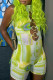 Green Sexy Print Hollowed Out Patchwork Metal Accessories Decoration Half A Turtleneck Skinny Rompers