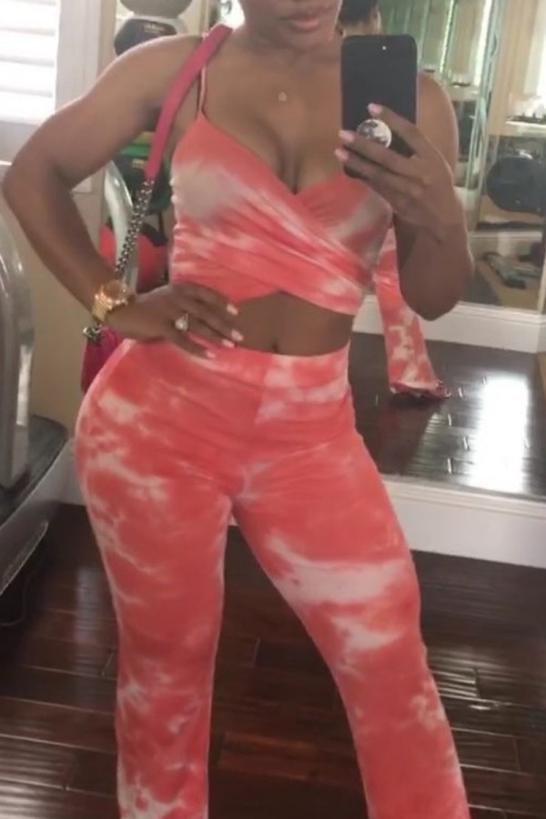Red Sexy Casual Print Vests Pants Spaghetti Strap Sleeveless Two Pieces