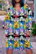 Blue Casual Cartoon Print Basic V Neck Long Sleeve Dresses