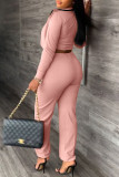 Pink Casual Work Solid Patchwork Buttons O Neck Long Sleeve Two Pieces