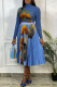 Blue Sexy Print Patchwork Fold Half A Turtleneck Long Sleeve Two Pieces