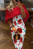 Red Casual Print Solid Patchwork Off the Shoulder One Step Skirt Dresses