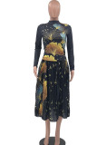 Red Sexy Print Patchwork Fold Half A Turtleneck Long Sleeve Two Pieces