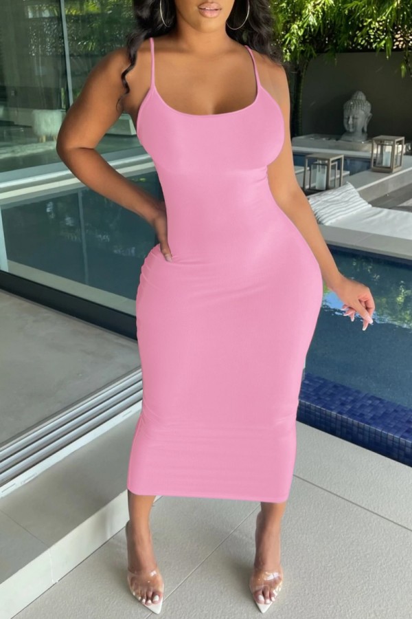 Pink Sexy Casual Solid Backless Spaghetti Strap Long Dress Dresses